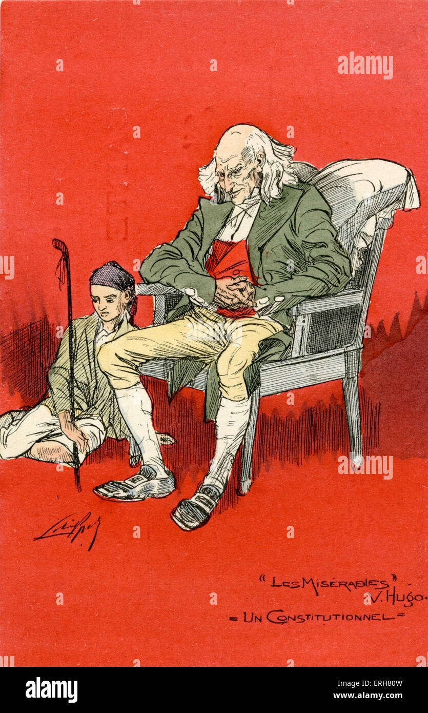 Nazioni Unite Constitutionnel - 'Les Misérables' di Victor Hugo, scrittore francese: 26 Febbraio 1802 - 22 maggio 1885. Raffigura due uomini: un uomo anziano, seduto su una sedia e un giovane uomo seduto a terra. Foto Stock