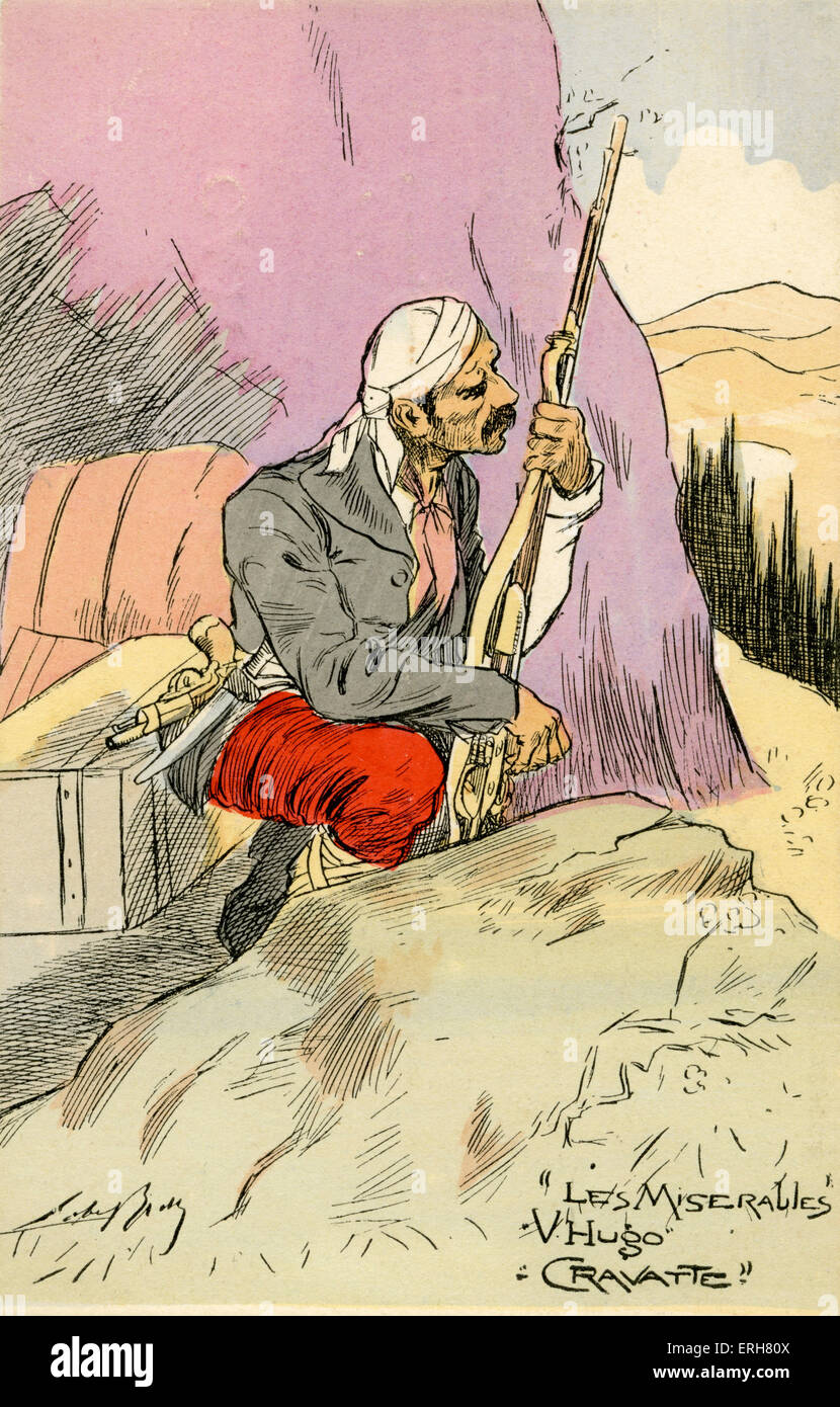 Cravatte - 'Les Misérables' di Victor Hugo, scrittore francese: 26 Febbraio 1802 - 22 maggio 1885. Raffigura un uomo ferito con un fucile Foto Stock