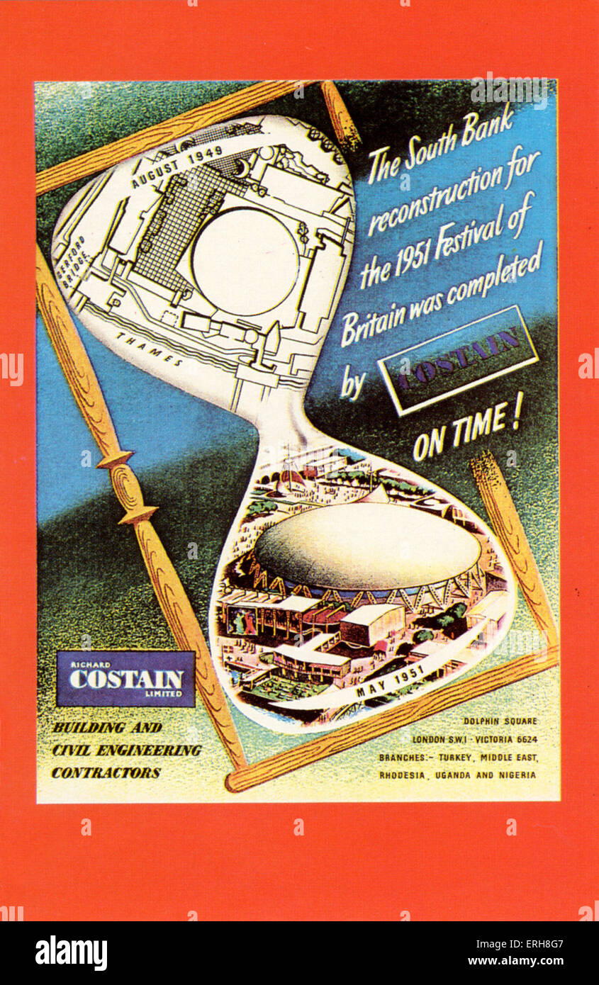 Pubblicità per il Festival della Bretagna e New South Bank Centre, 1951. Piano architettonico da Costain. B. Goldschmidt's Foto Stock