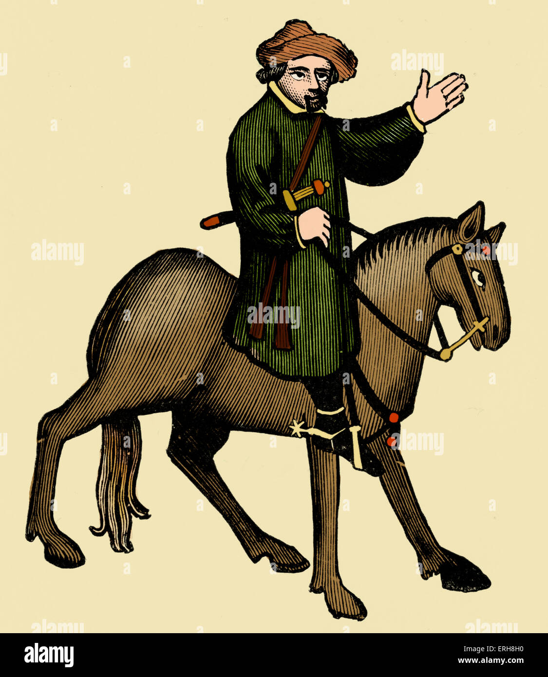 Geoffrey Chaucer ' s Canterbury Tales - Shipman a cavallo. Poeta inglese, c. 1343-1400. Ellesmere manoscritto di Foto Stock