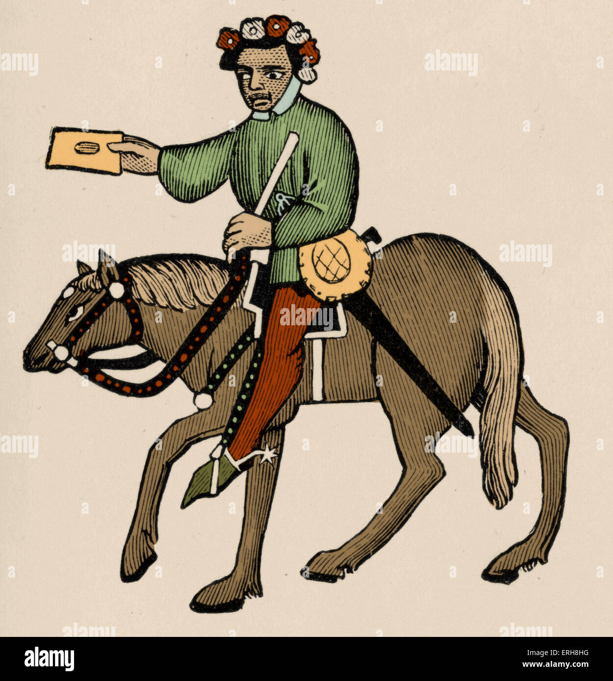 Geoffrey Chaucer ' s Canterbury Tales - Il Summoner a cavallo. Poeta inglese, c. 1343-1400. Ellesmere manoscritto di Foto Stock