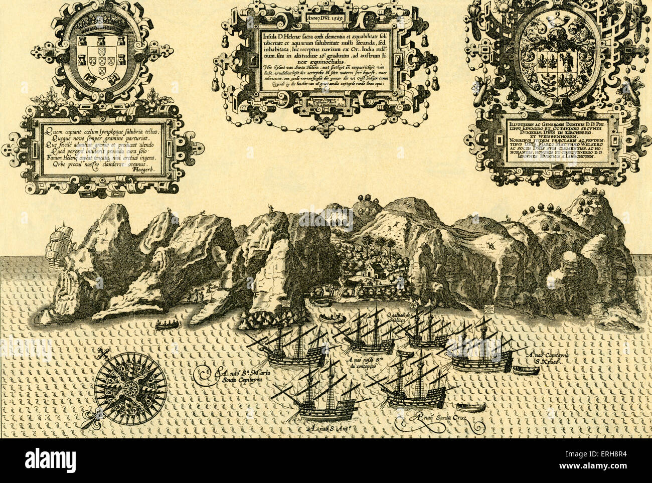 Mappa di Isola di Helena in Linschoten 's 'Navigazione ac Intinerarium, ecc.", 1599. Isola nel sud dell'Oceano Atlantico. Foto Stock