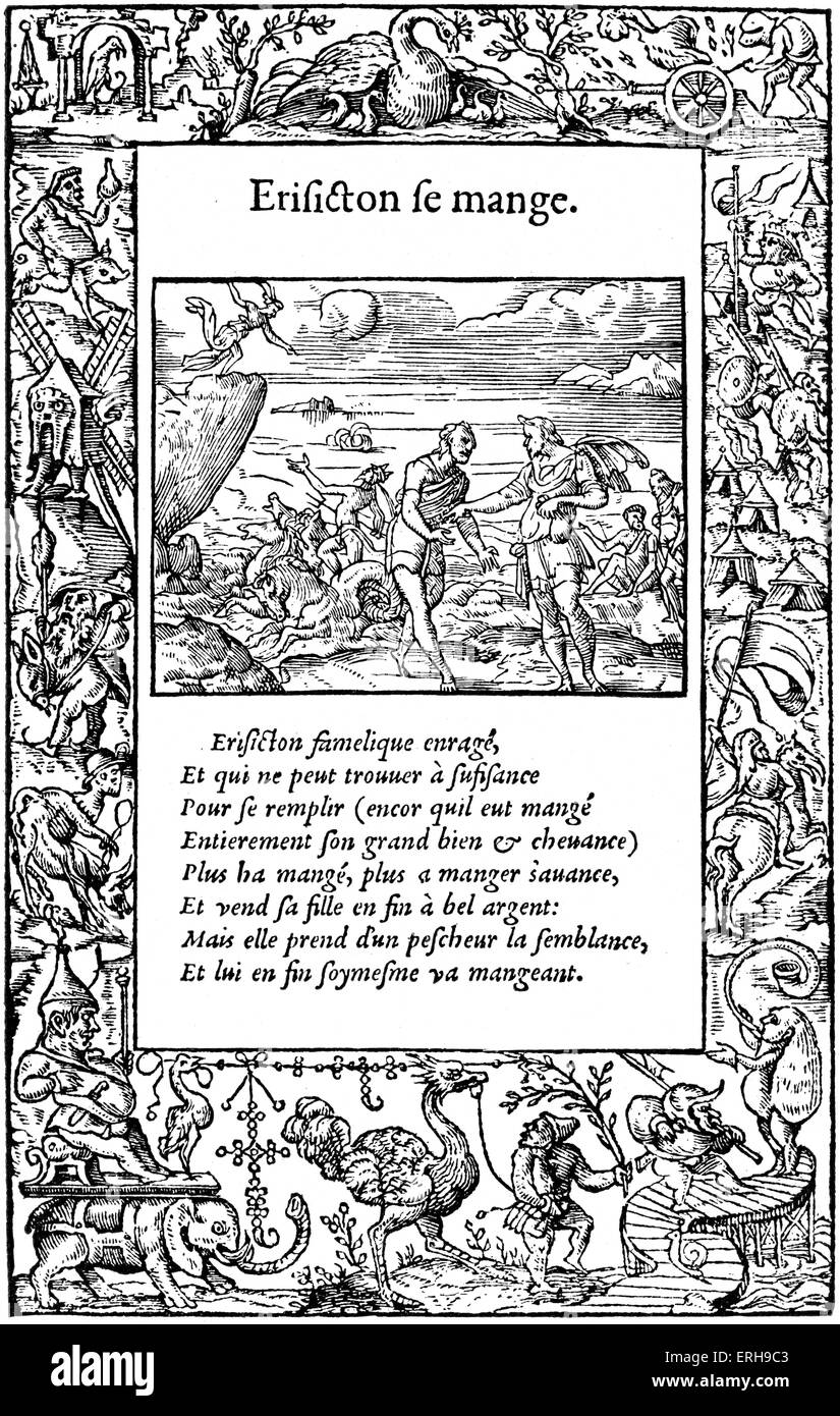 Le Metamorfosi di Ovidio (edizione francese), 1557. Dalla xilografia di pagina da Bernard Salomon. Mostra Erysichthon, re di Tessaglia, Foto Stock