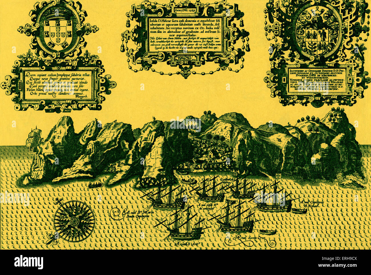 Mappa di Isola di Helena in Linschoten 's 'Navigazione ac Intinerarium, ecc.", 1599. Isola nel sud dell'Oceano Atlantico. Foto Stock