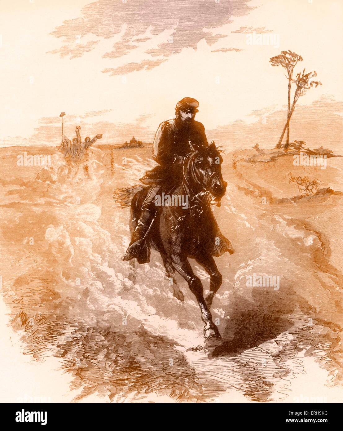 La guerra civile americana Unione generale Philip Sheridan cavalca verso la parte anteriore. Illustrazione di Sol Eytinge (1833-1905), 1860s. Foto Stock