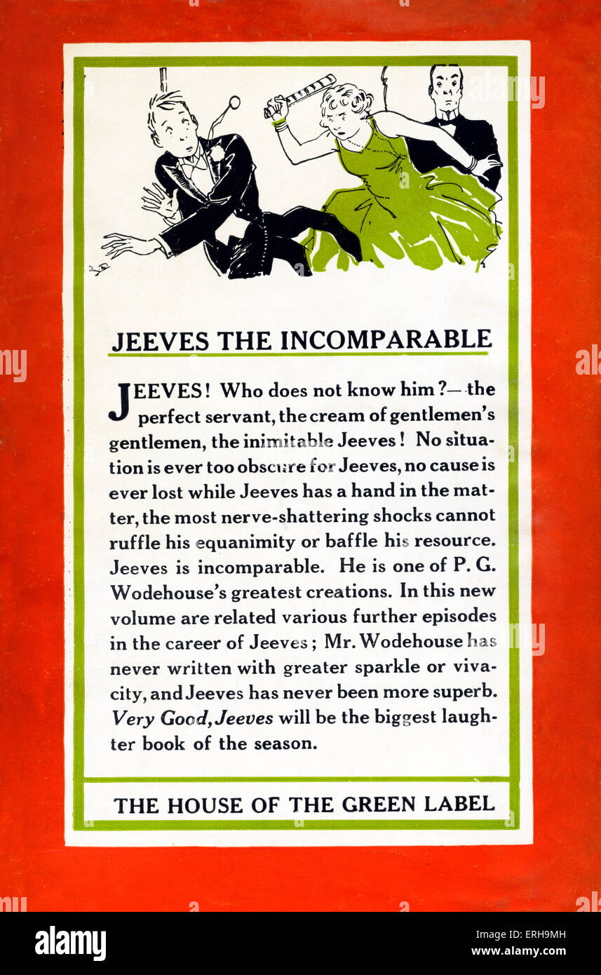 Molto buono, Jeeves di P.G.Wodehouse. Coperchio posteriore. Raccolta di undici storie brevi. PGW: Engilsh umorista e scrittore, 15 Foto Stock