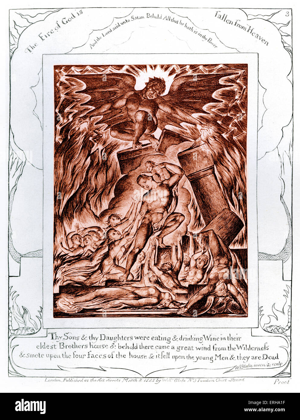 Portare distruzione per i figli e le figlie del lavoro da William Blake, dalle illustrazioni del libro di Giobbe, 1825. Foto Stock