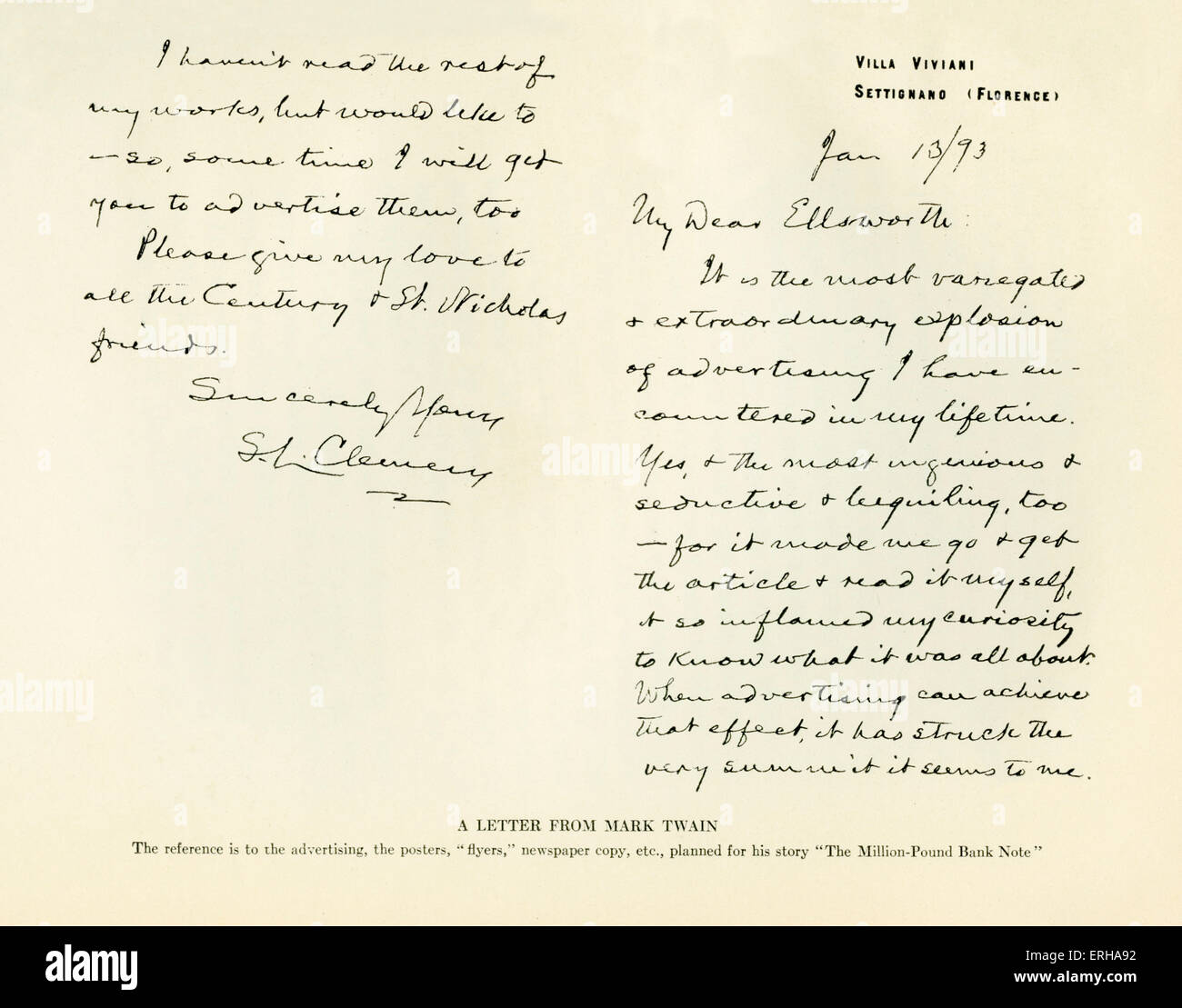Una lettera inviata da Mark Twain (1835-1910) per l'editore William Ellsworth (1791-1868). La lettera si legge: 'My Cari Ellsworth, Foto Stock