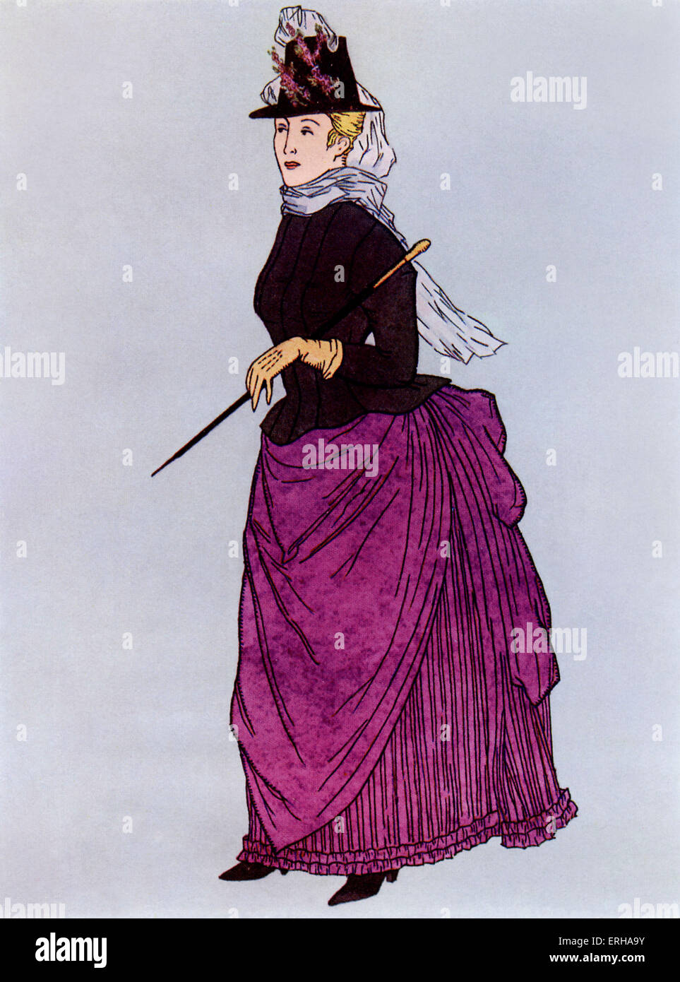 Signora indossando un 'a piedi costume', un stretto raccordo set di cappotto e overskirt popolari in Inghilterra vittoriana c.1888. Foto Stock