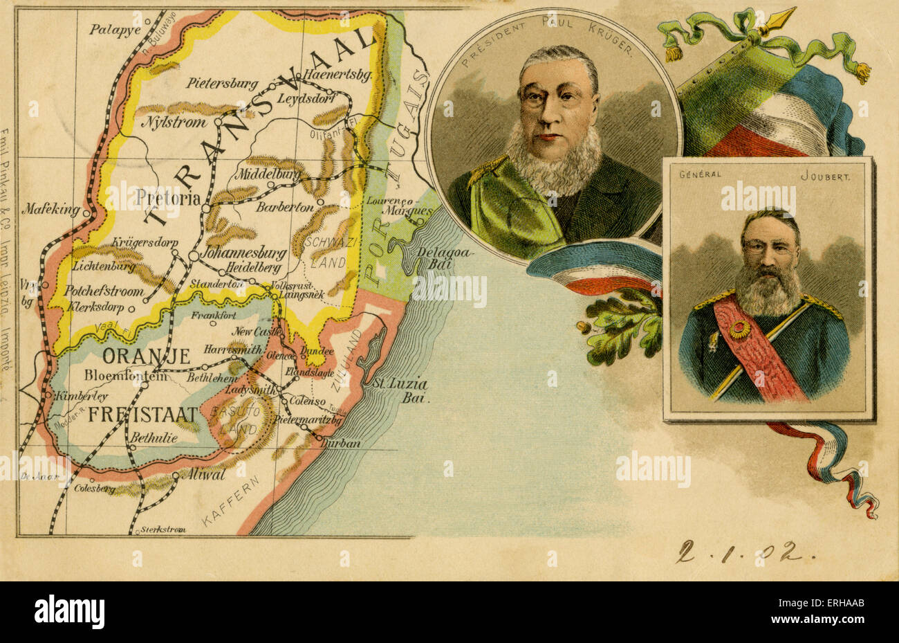 Mappa di Transvaal e Orange Free State. I ritratti del generale Joubert (1834-1900) e Presidente Kruger (1825-1904). Piet Foto Stock