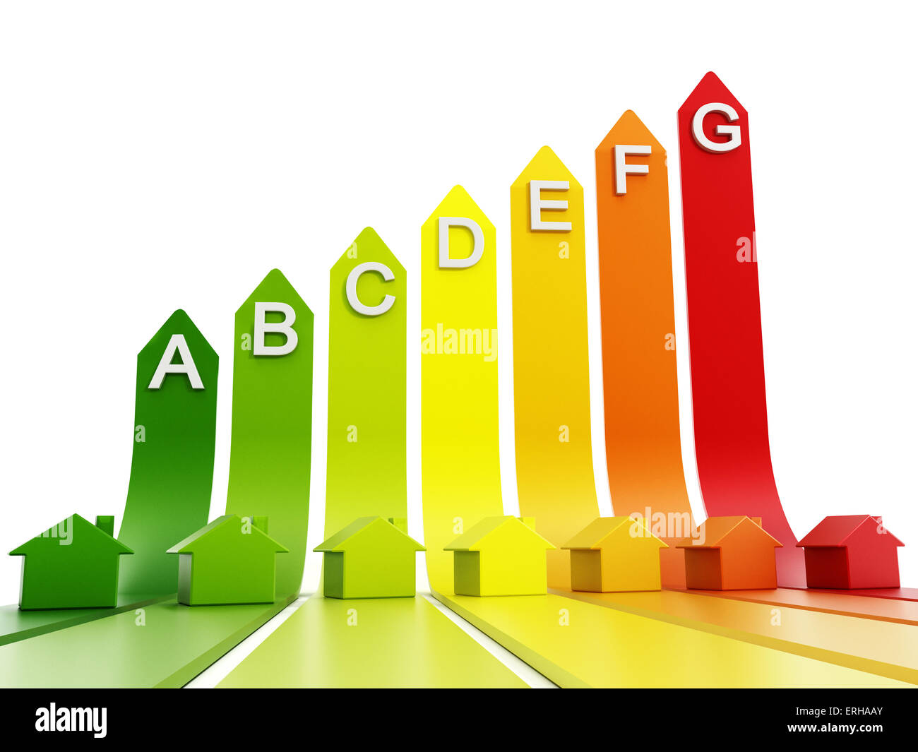 Livelli di efficienza energetica con piccole case in plastica. Foto Stock