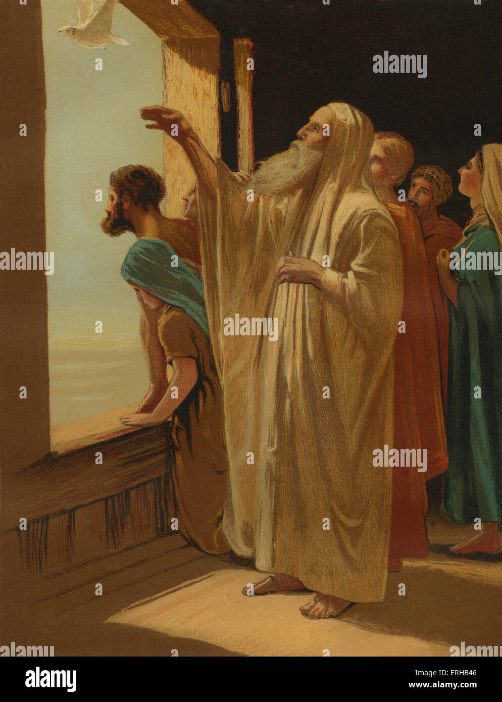 Noè rilasciando la colomba dall'arca dopo il diluvio cessa(Genesi 8:6). Illustrazione di Philip Morris R (1836-1902). Foto Stock
