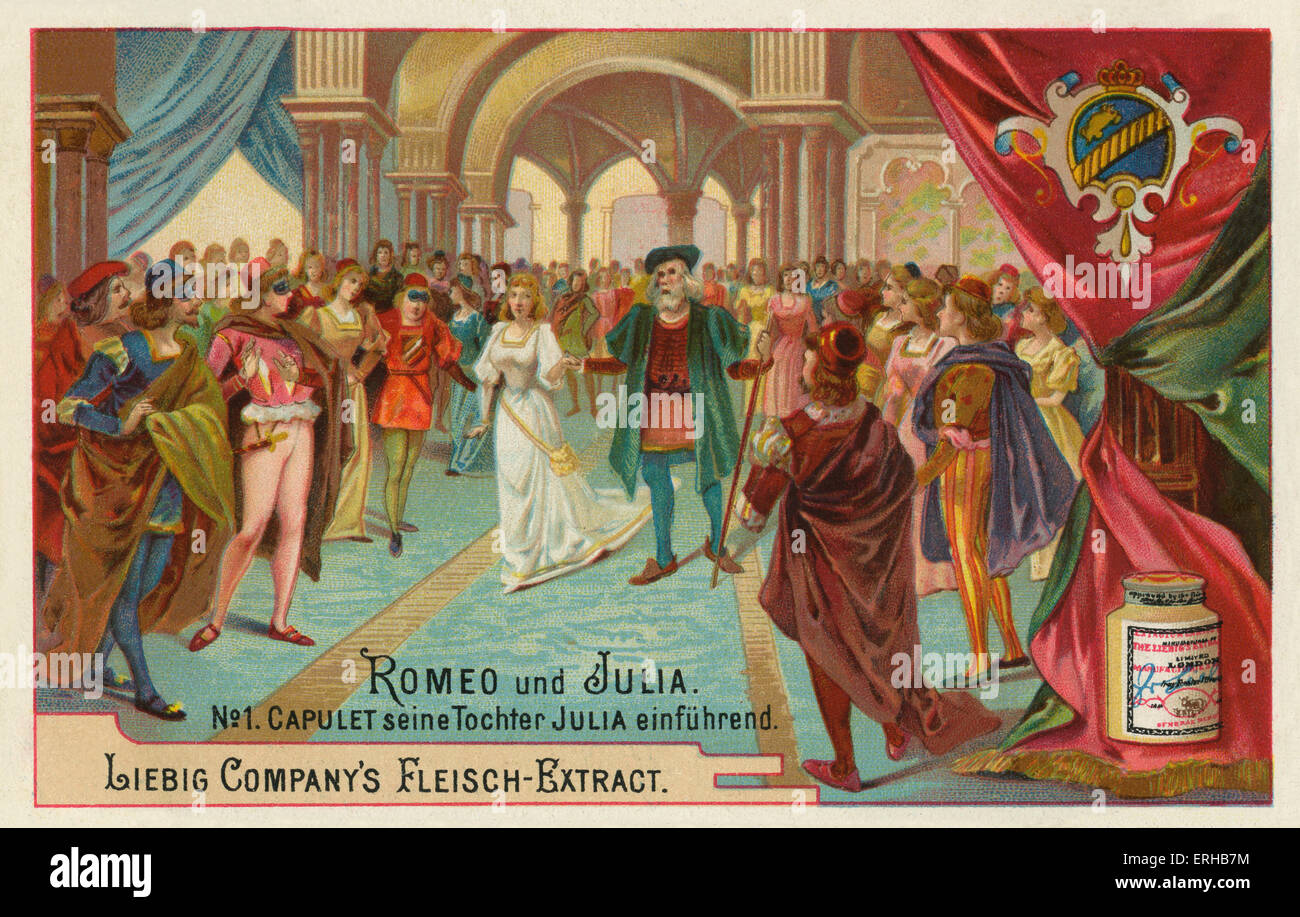 Romeo e Giulietta di William Shakespeare. Didascalia della scena: 'Capuleti introduce la sua figlia, Giulietta" (tedesco: Capuleti seine Tochter Julia einfuhrend). Scheda di Liebig, Romeo und Julia, 1895 (1 di 6). Inglese poeta e drammaturgo battezzato 26 Aprile 1564 - 23 aprile 1616. Foto Stock