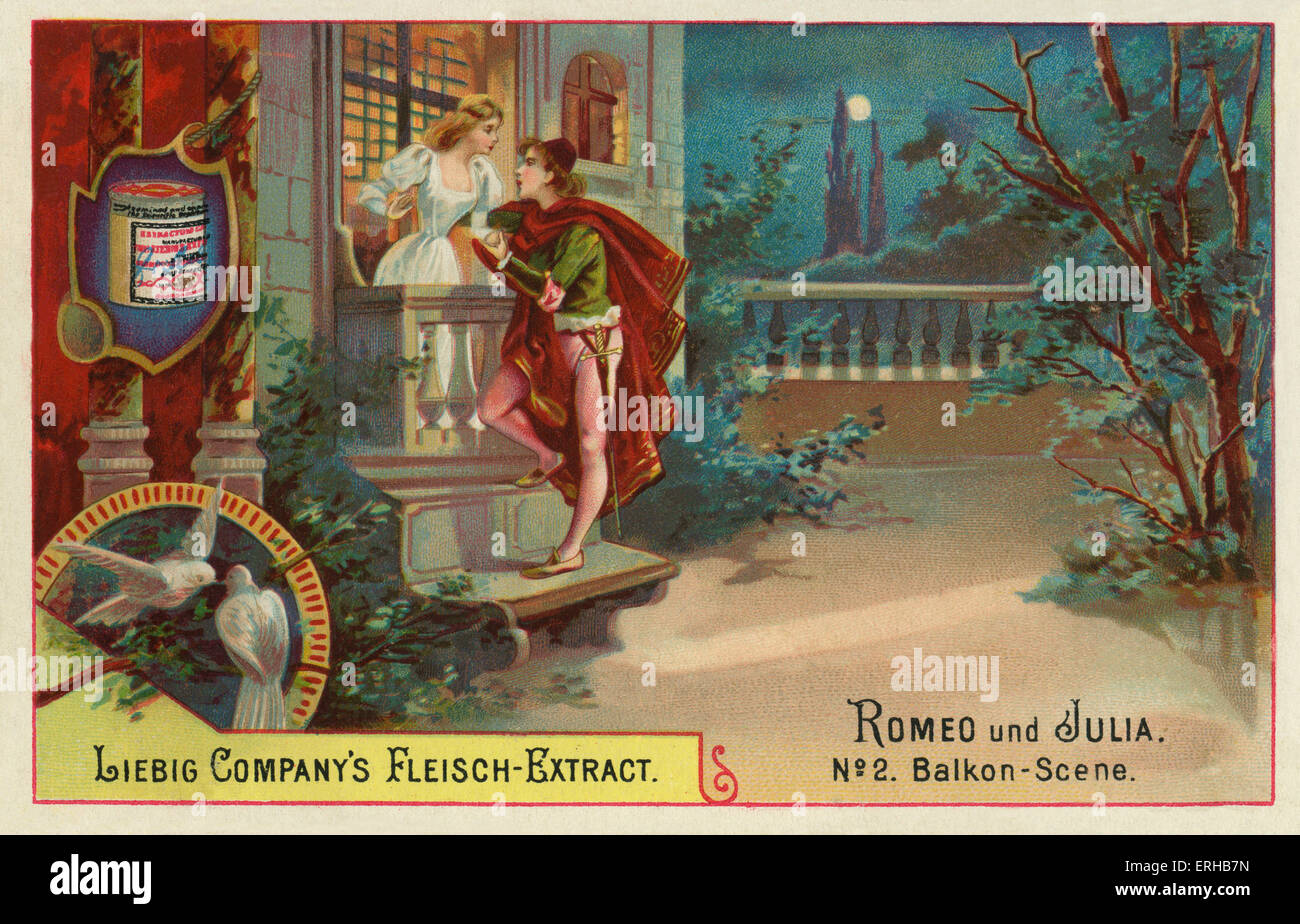 Romeo e Giulietta di William Shakespeare. Didascalia della scena: 'La scena del balcone" (tedesco: Balkon-scena). Scheda di Liebig, Romeo und Foto Stock