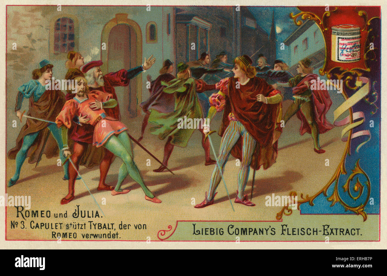 Romeo e Giulietta di William Shakespeare. Didascalia della scena: 'supporta Capuleti Tybalt, ferito dal Romeo" (tedesco: stutzt Capuleti Foto Stock