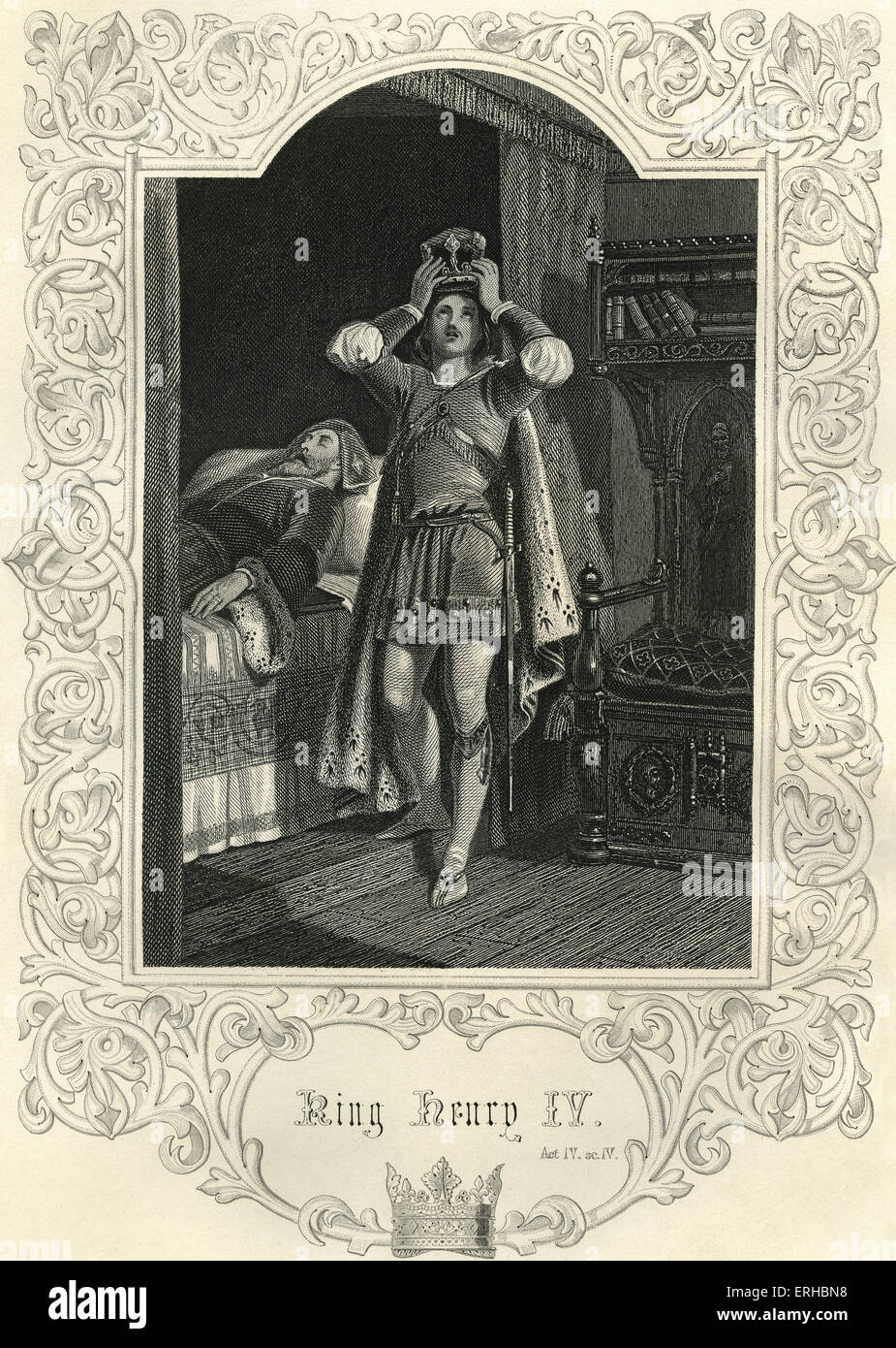 Il re Enrico IV (parte I) da William Shakespeare. Atto IV Scena IV. La didascalia recita: "Cercando sulla corona". Incisione. Poeta inglese Foto Stock