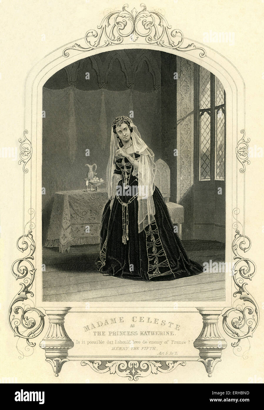 Il re Enrico V Atto V scena 2 - Madame Celeste come la principessa Caterina. La didascalia recita: 'è possibile dat vorrei amore de nemico della Francia?' incisione di Hollis, da un Daguerreotype da Mayall. Inglese poeta e drammaturgo battezzato 26 Aprile 1564 - 23 aprile 1616. Foto Stock