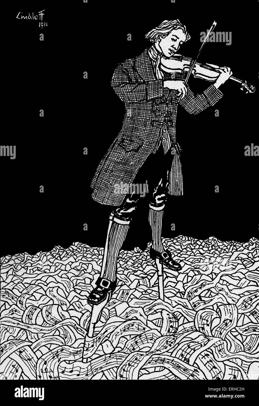 Ex Libris dal tedesco 1912 pubblicazione di musica. (Mostra un uomo su palafitte riproduzione di un violino mentre in piedi sopra la musica scolls) Foto Stock