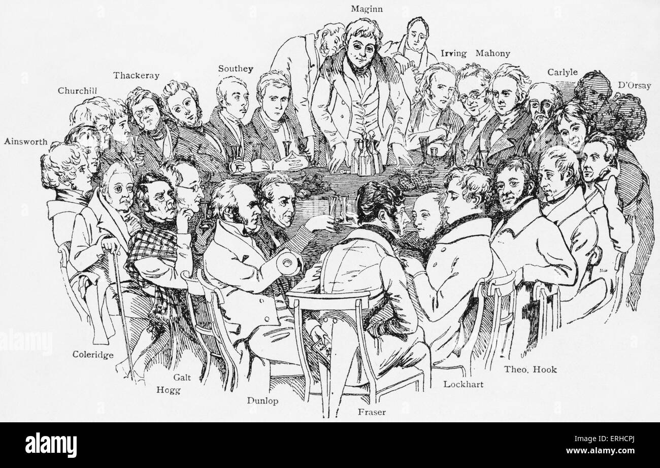 William Makepeace Thackeray con membri del circolo Fraserian di scrittori che si sono incontrati regolarmente presso la sede di Fraser 's in Regent Street, Londra. Dopo il disegno di Daniel Maclise nel 1835. (William Makepeace) romanziere inglese -18 luglio 1811 - 24 dicembre 1863. Foto Stock