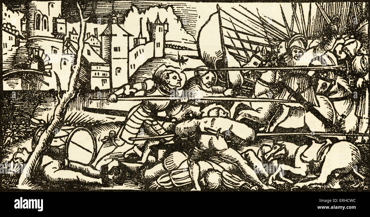 Un tetto di battaglia, xilografia di Urs Graf, 1521, da due racconti di cavalleria. Pikemen a piedi attaccare i soldati a cavallo che portano Foto Stock