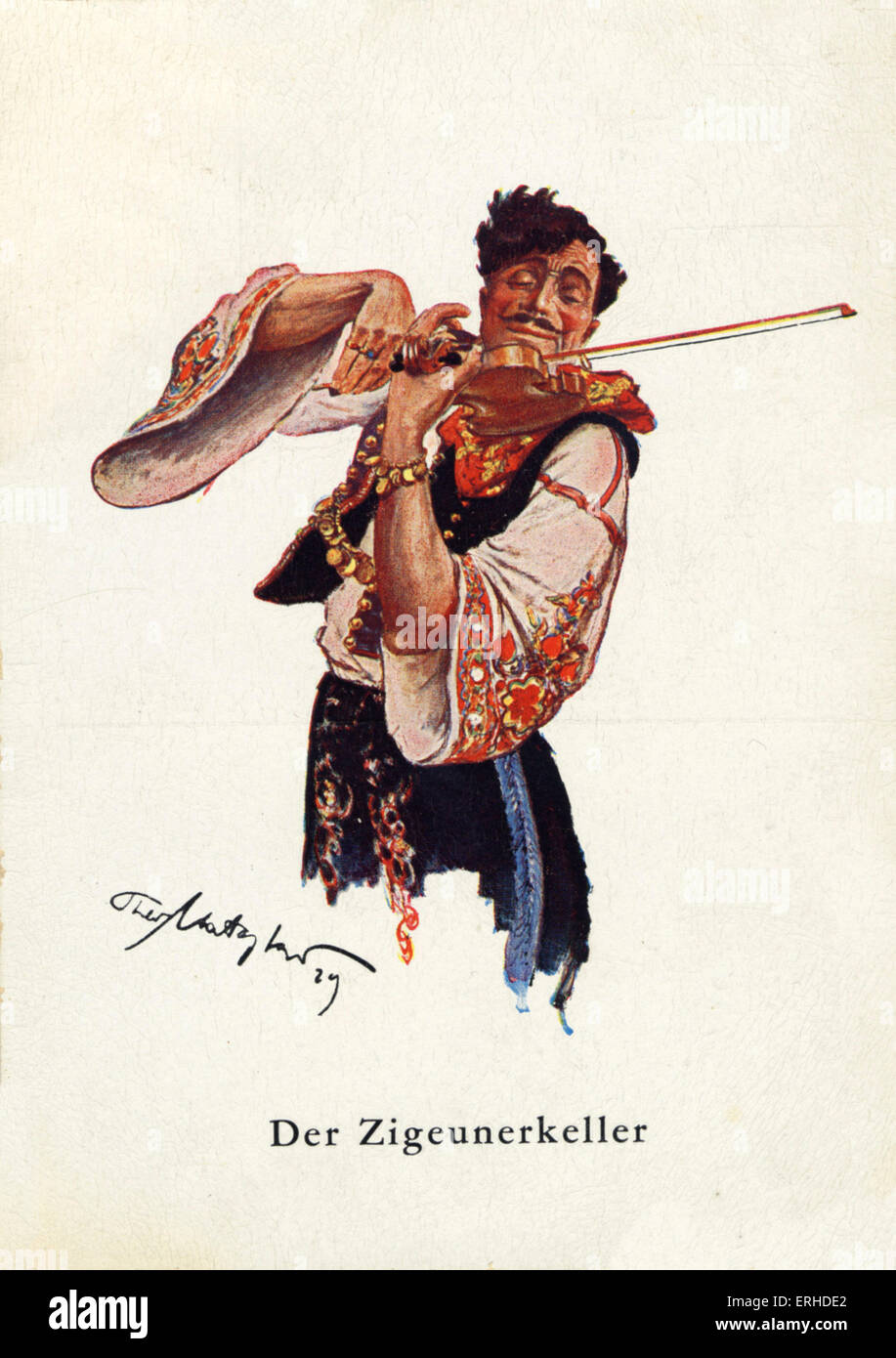 Illustrazione di zingaro maschio a suonare il violino in costume tradizionale. Foto Stock