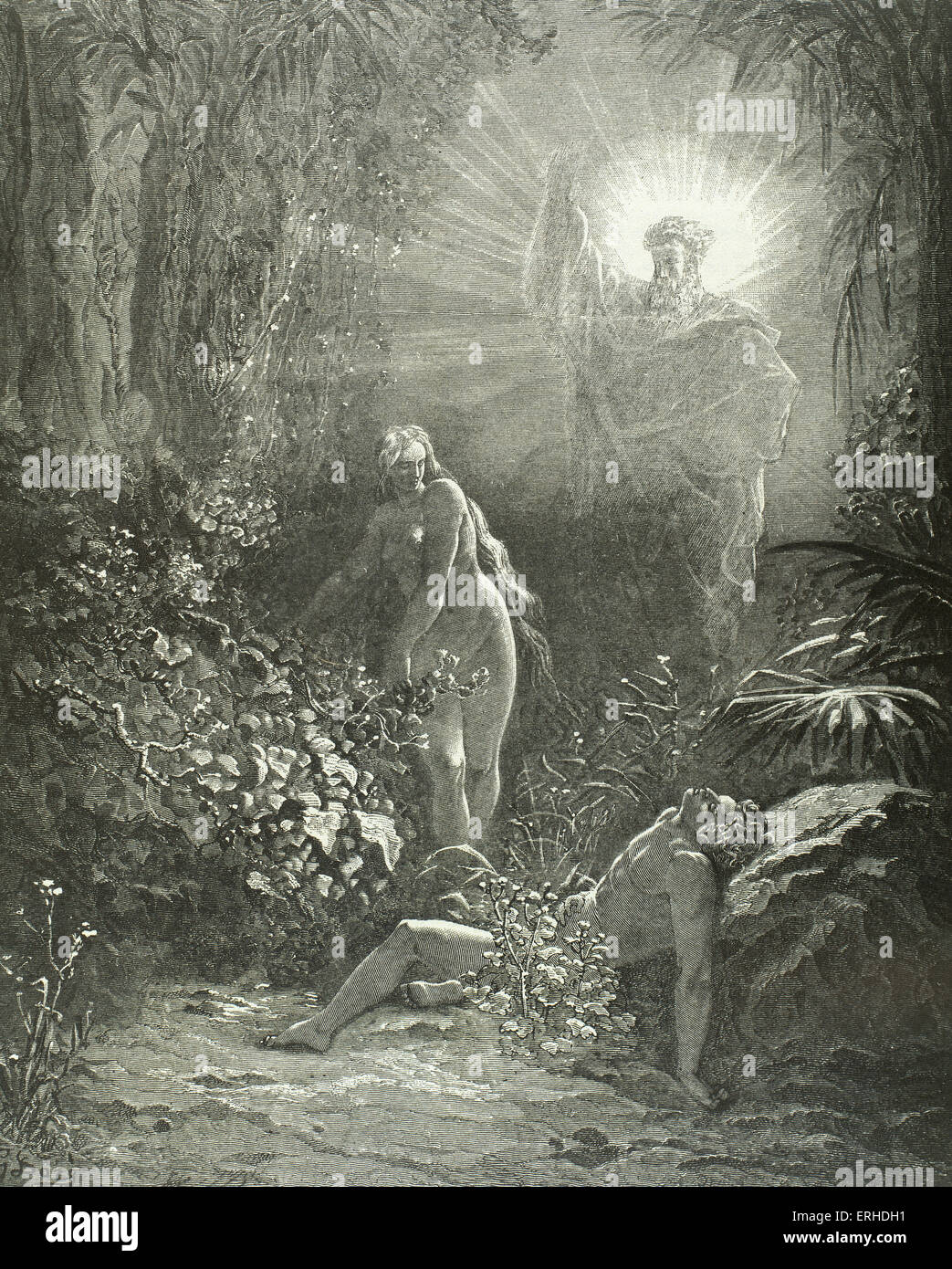 Il Vecchio Testamento. Il peccato originale. Adamo ed Eva disobbedendo a Dio. Bandisce dal giardino di Eden. Libro della Genesi. Incisione di Gustave Dore (1832-1883). Foto Stock