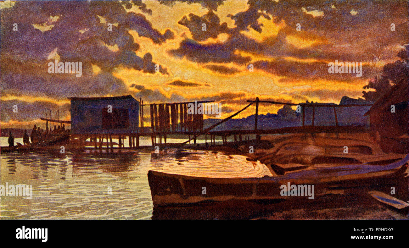 Paesaggio russo. Porto con barche e cabina sul molo al tramonto. Illustrazione sulla cartolina, pre-rivoluzione bolscevica. Fine del XIX / inizio del XX secolo la Russia. Mare. Fiume. Foto Stock