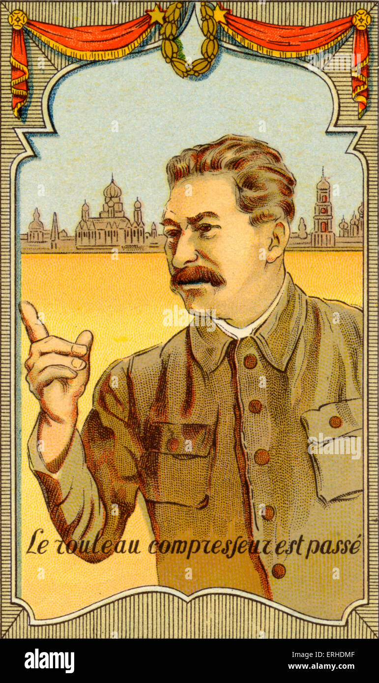 Joseph Stalin - Ritratto scuote il dito. Città russa in background. La didascalia recita, "Le rouleau compresseur est passé' Foto Stock