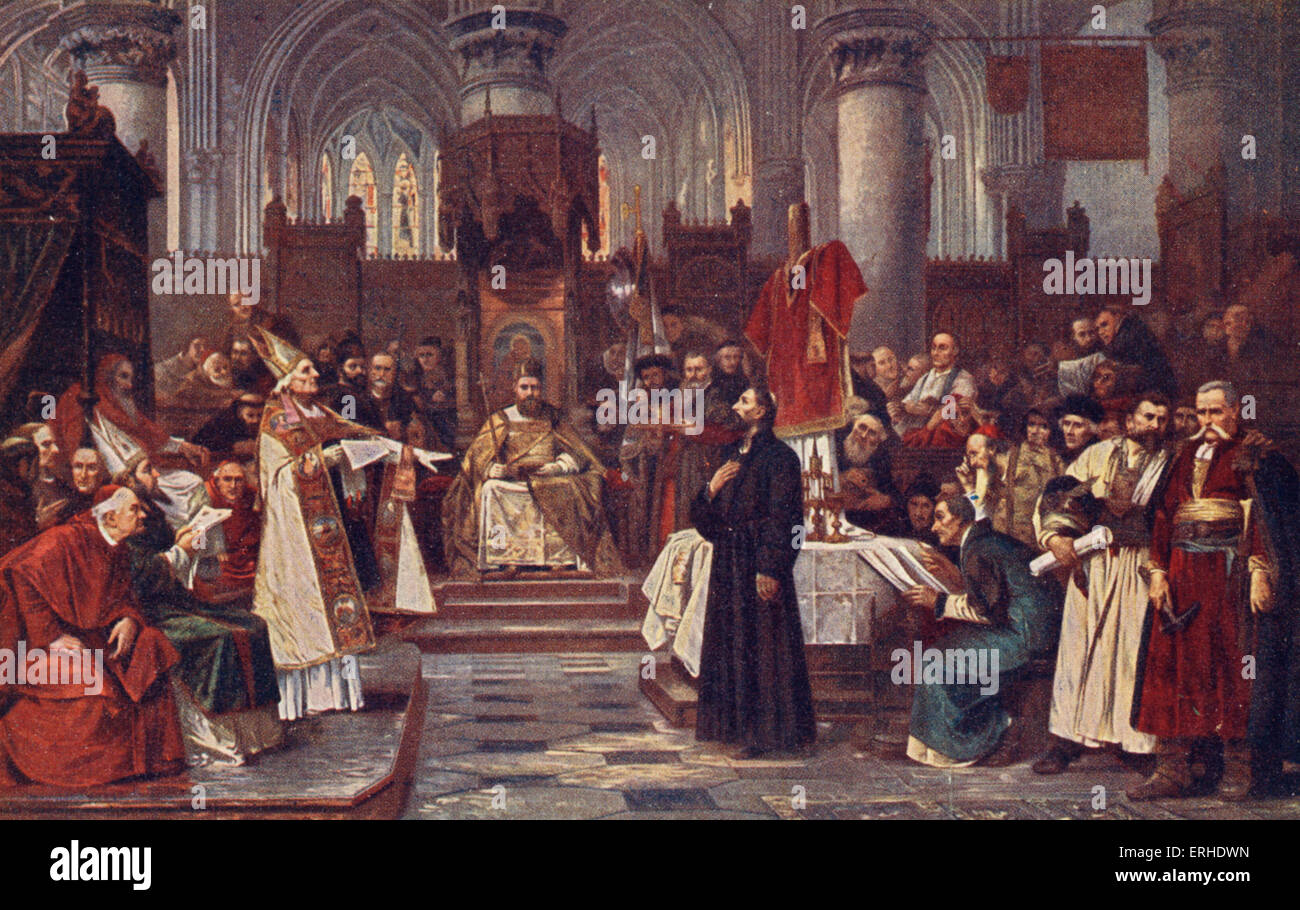HUS, Jan (Jana Husa) - pittura della Boemia riformatore religioso essendo provato prima di essere bruciato sul rogo - 6 Luglio, 1415 Foto Stock