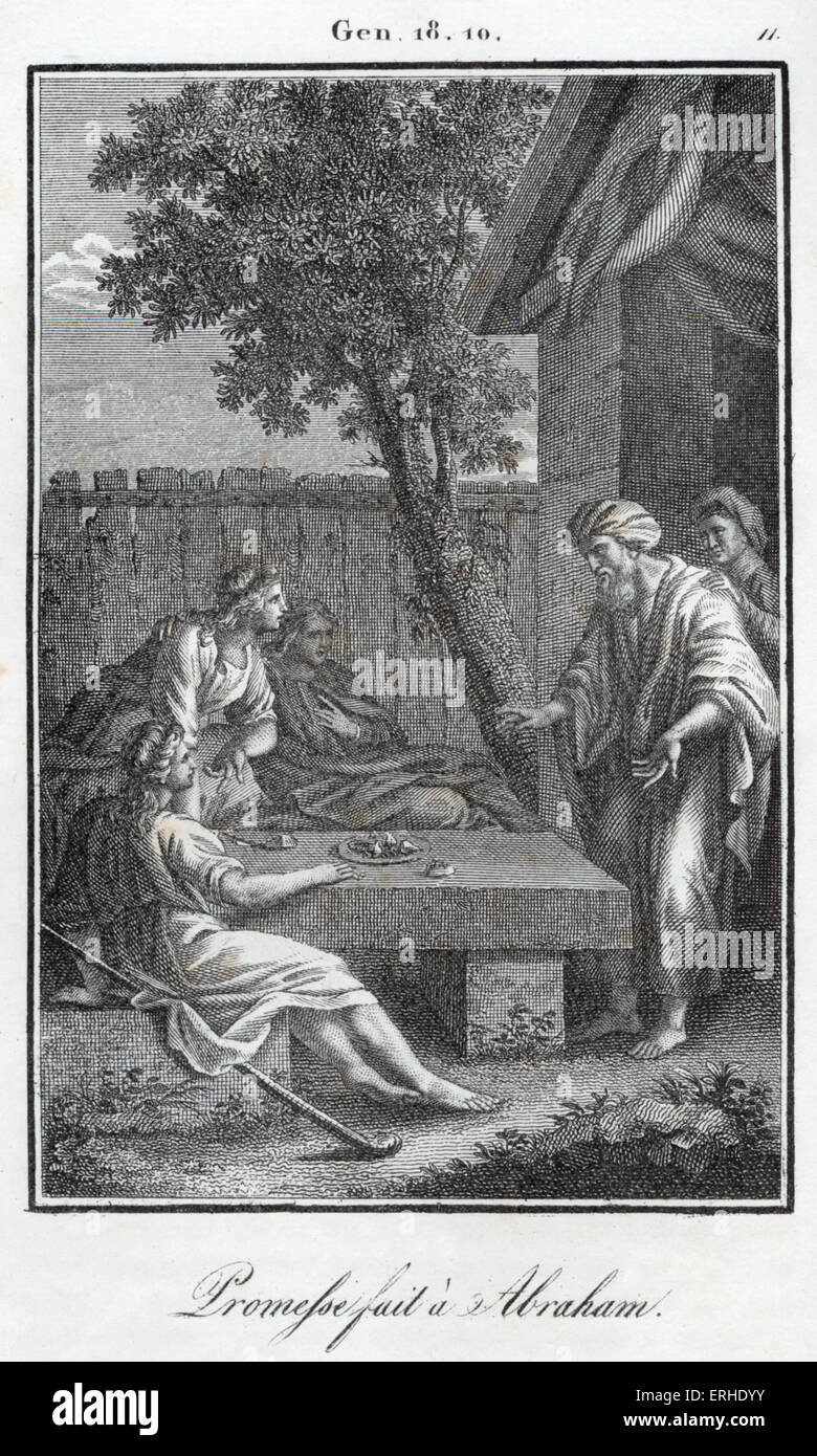 La bibbia, i tre angeli promettente Abramo che egli avrà un figlio Sarah / Sara rideva di questa promessa. Genesi Foto Stock