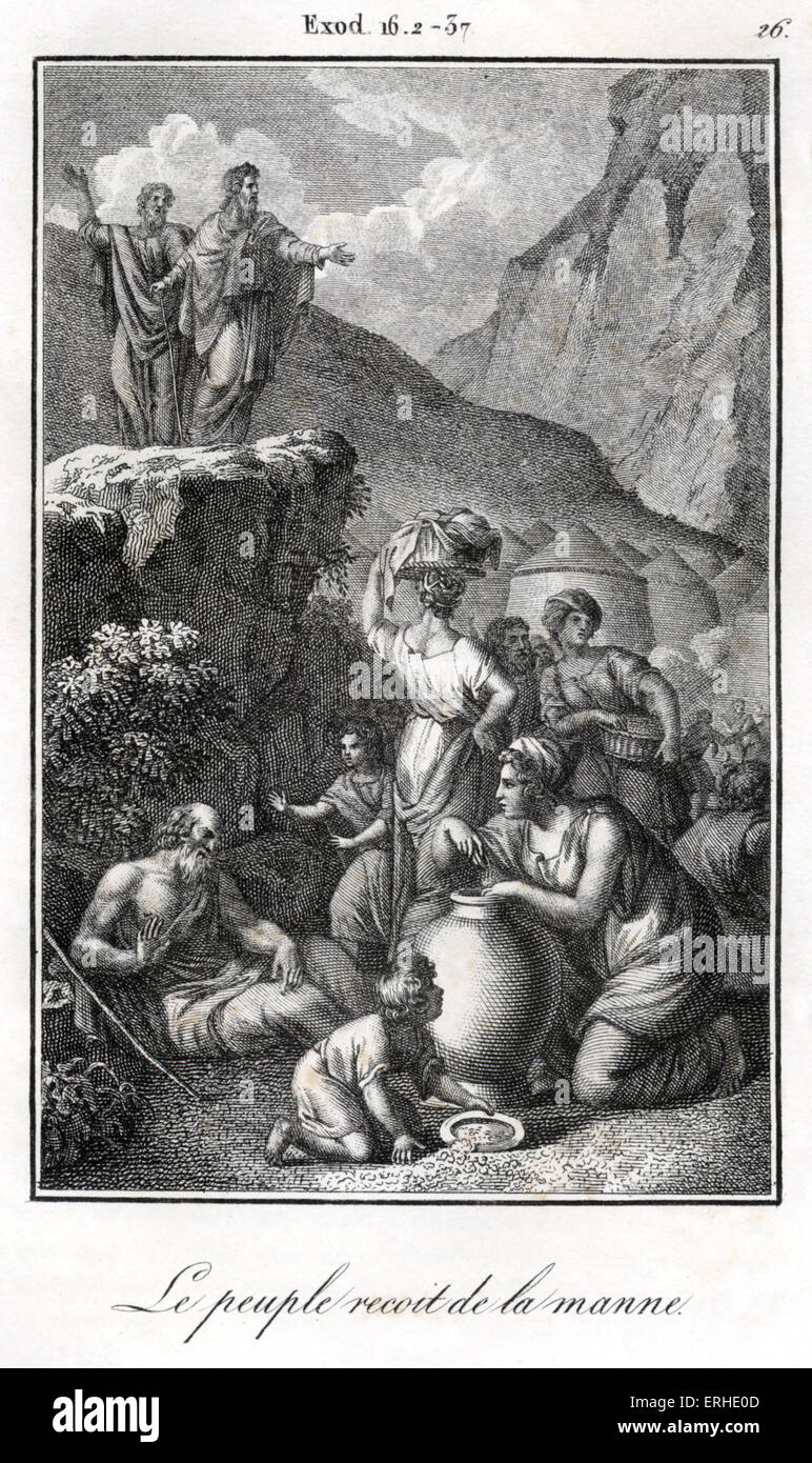 La bibbia, i figli di Israele riceve la manna nel deserto Mosè e Aronne in piedi su una roccia in background - durante il Foto Stock