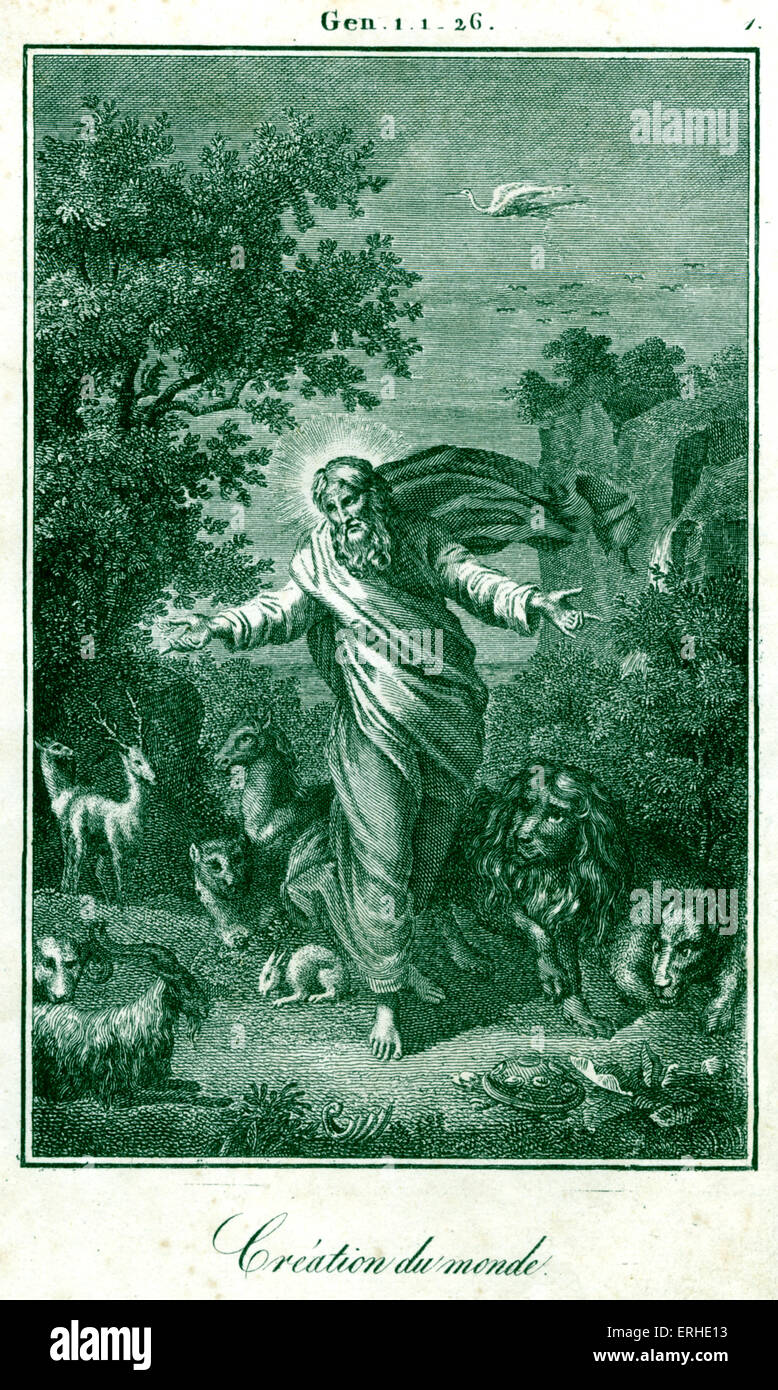 La Bibbia, la creazione del mondo Dio creando gli animali e la natura. Genesi Foto Stock