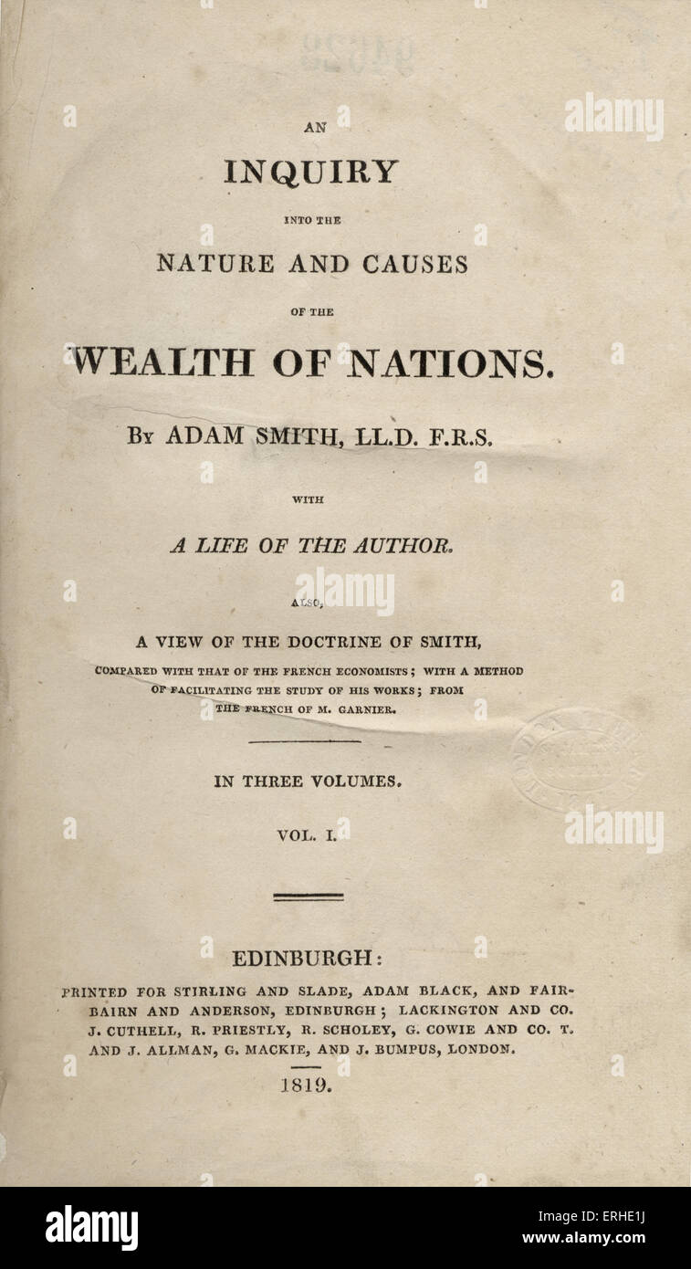 Adam Smith 's "un'indagine sulla natura e le cause della ricchezza delle nazioni". Vol.1. Titlepage a 1819, edizione in Foto Stock