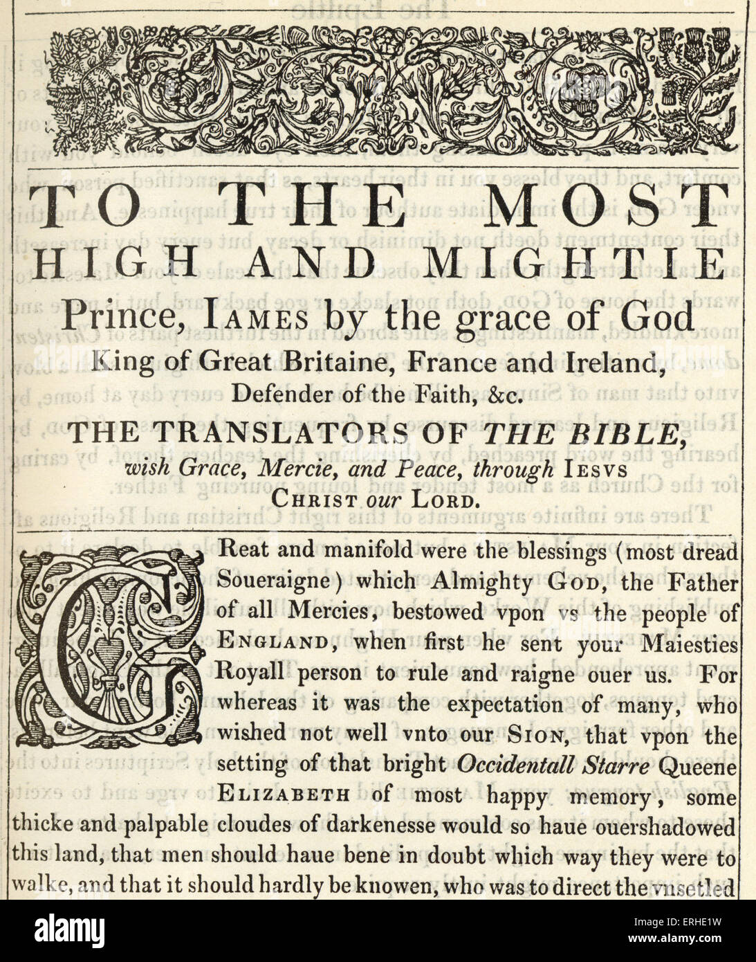 La dedizione della Sacra Bibbia pubblicata 1611 noto come il Re James' versione 'alla più alta e Mighties Prince, James dal Foto Stock