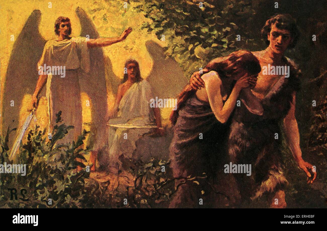 Adamo ed Eva gettato fuori del giardino di Eden. Racconto biblico. Il Vecchio Testamento. Dal design originale da Robert Leinweber. Foto Stock