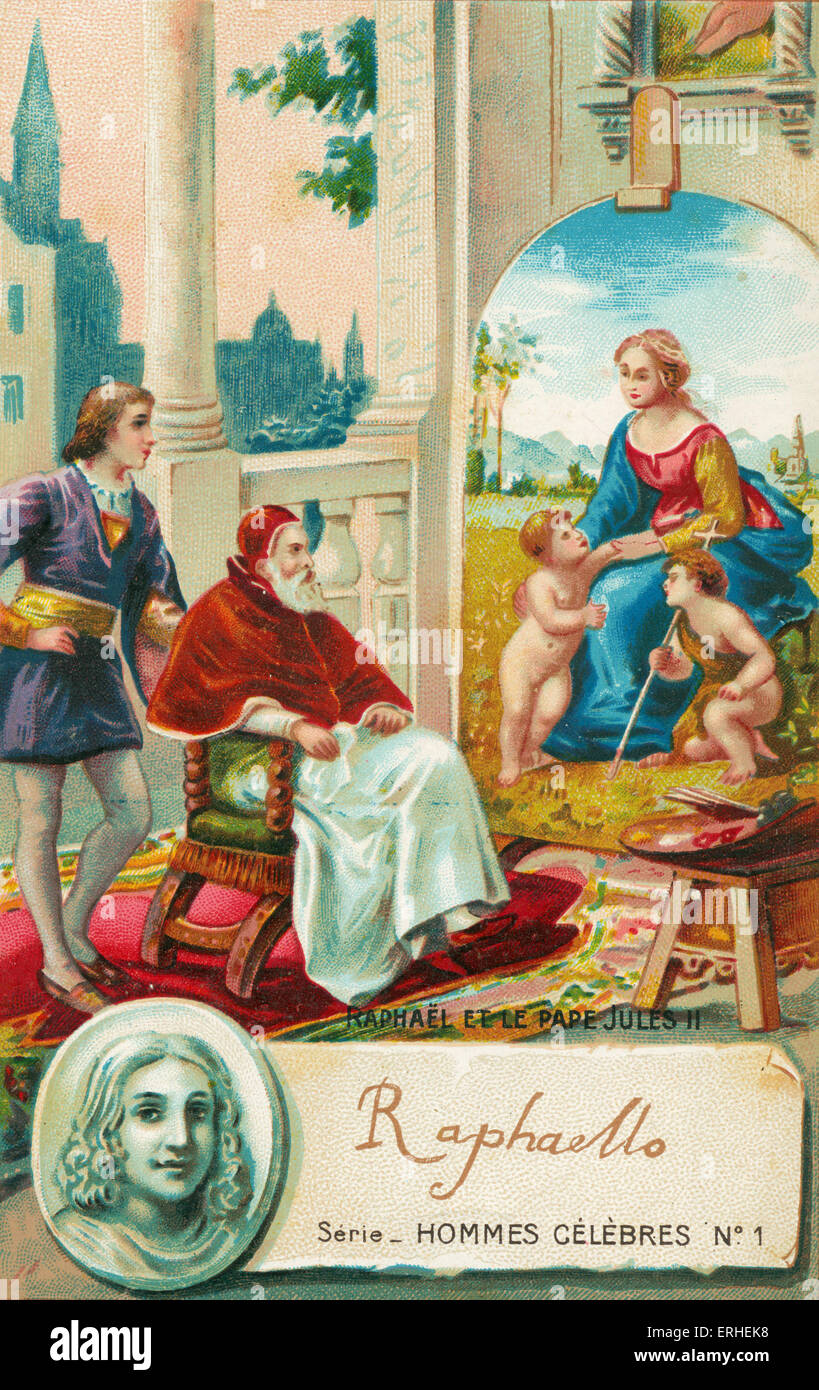 Raffaello Sanzio o Raphaello presentando la sua pittura della Vergine Maria a papa Giulio II 1485-1520 Foto Stock