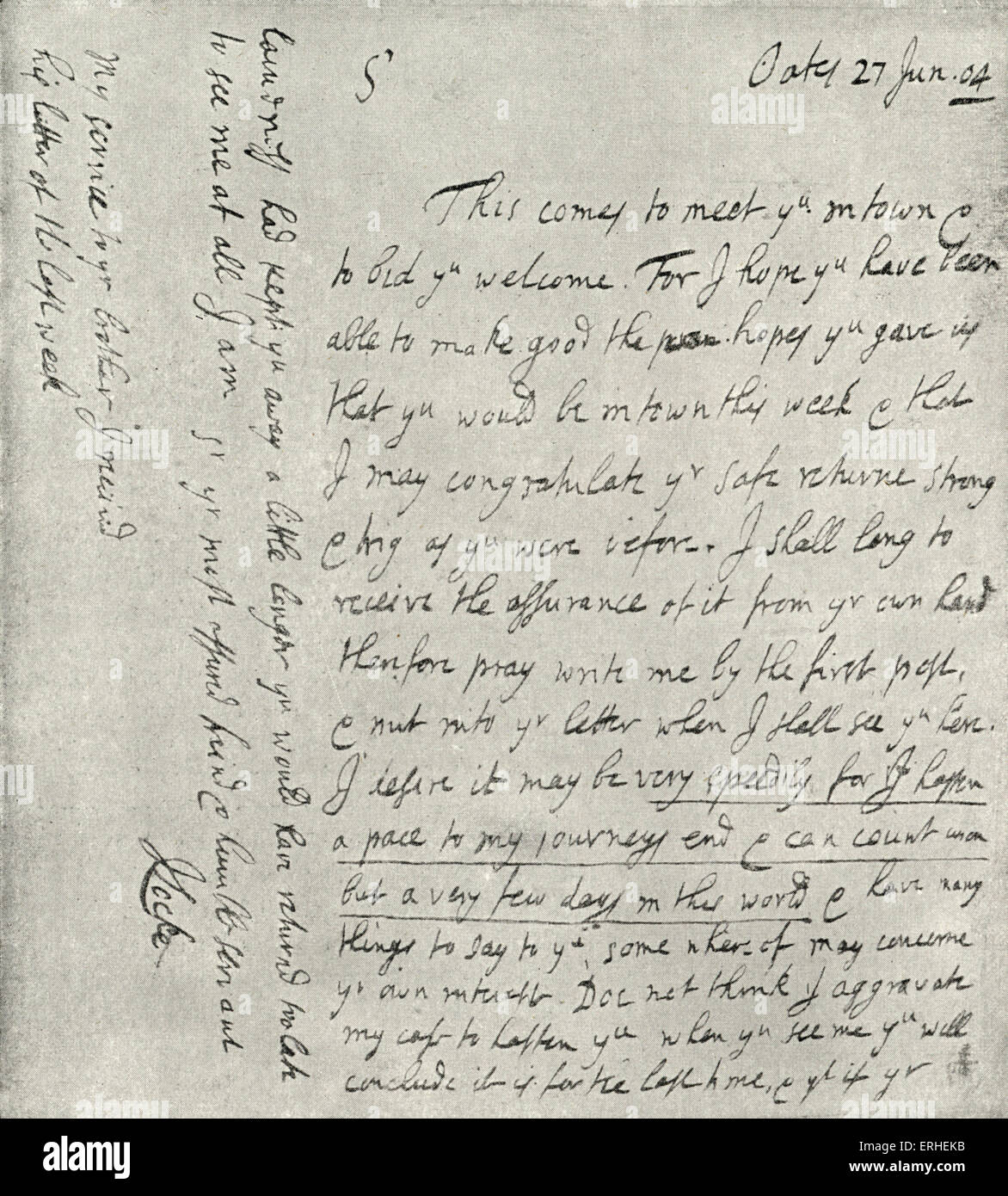 John Locke 's lettera autografa datata 27 giugno 1704 dalla sua casa di Oates.. Filosofo inglese 29 Agosto 1632 - 28 Ottobre Foto Stock