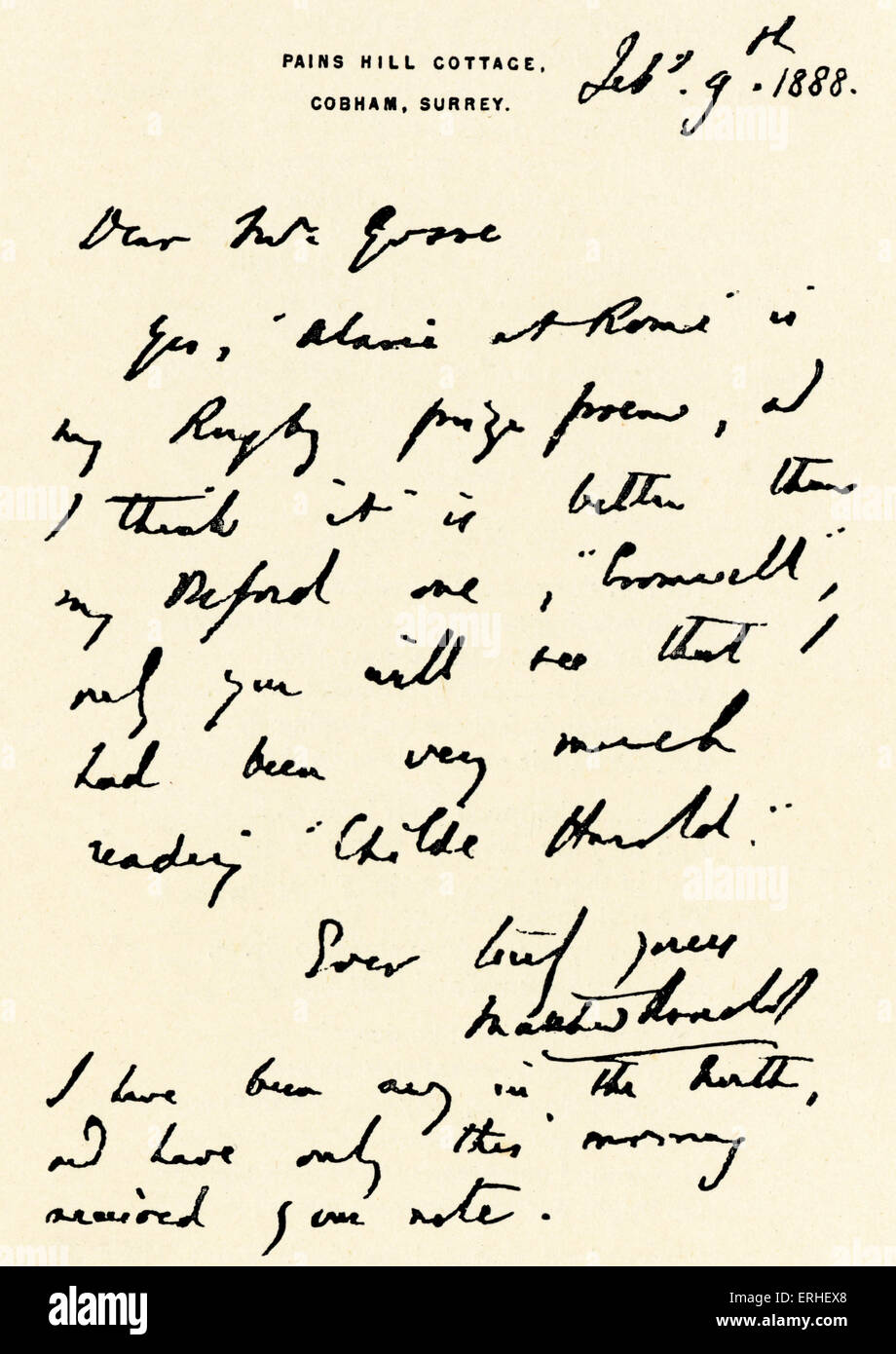 Matthew Arnold - fascimile della lettera datata 9 febbraio 1888 dal poeta inglese, critico letterario e teorico ammissione di paternità Foto Stock
