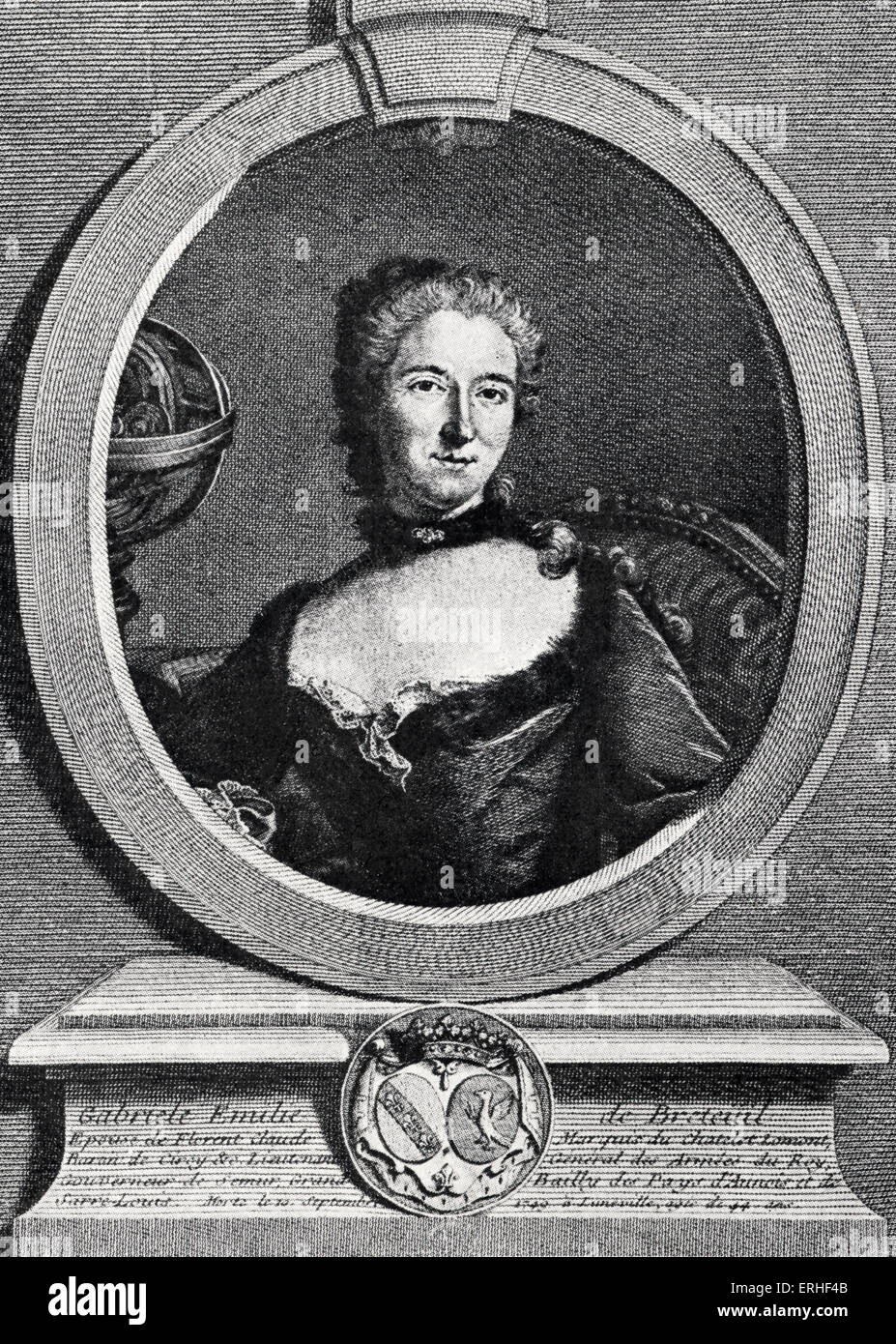 Madame du Châtelet (Gabrielle-Emilie le Tonnelier de Breteuil) - Ritratto di Voltaire friend, uno scienziato con un laboratorio a Cirey, le cui idee che egli ammirava e con i quali egli corrispondeva alla lunghezza. Sviluppo intellettuale delle idee di età della ragione in Francia. Foto Stock