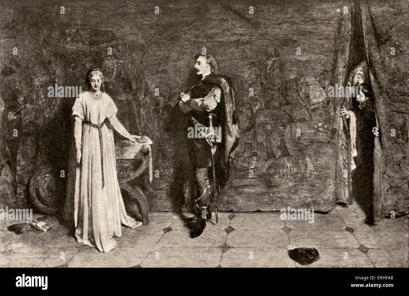 Borgo. Atto III Scena 1 'Amleto e Ofelia'. La tragedia di William Shakespeare. Drammaturgo inglese 1564-1616. Elizabethan volte. Dipinto di W Q Richardson Foto Stock