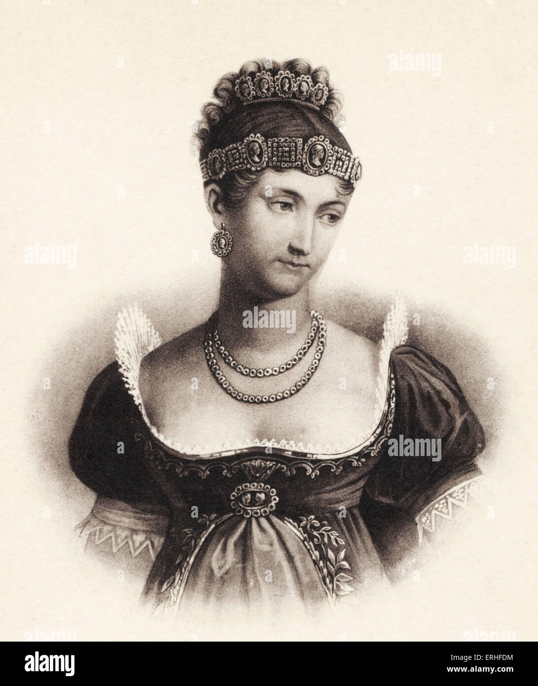 Paolina Bonaparte Borghese - ritratto nel copricapo, con gioielli e décolleté in stile impero vestito. Secondo la sorella di Napoleone I. 1780 - Foto Stock