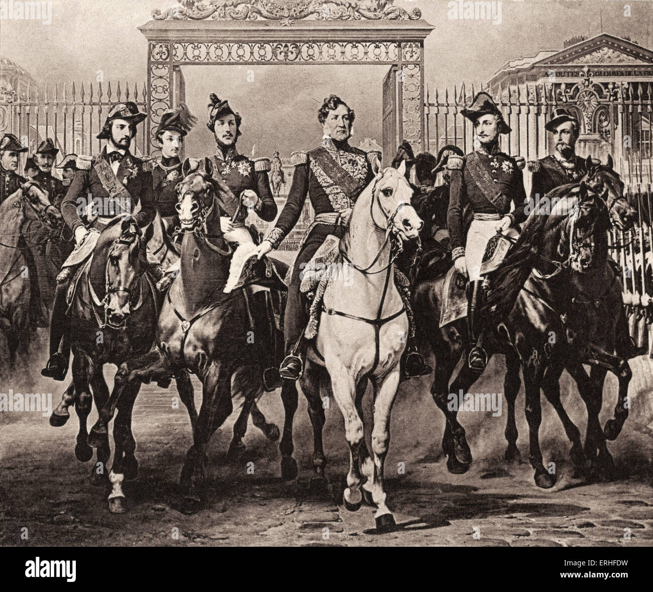 Re francese Louis-Philippe cavalcando attraverso le porte di Versailles a cavallo per inaugurare l'apertura della sua storia e arte Foto Stock