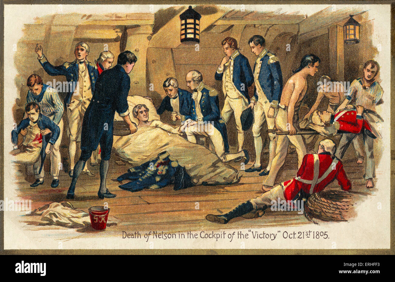 L'ammiraglio Horatio Nelson - Cartolina raffigurante "morte di Nelson nel pozzetto di 'vittoria'' - 21 Ottobre 1805 - navale britannica Foto Stock