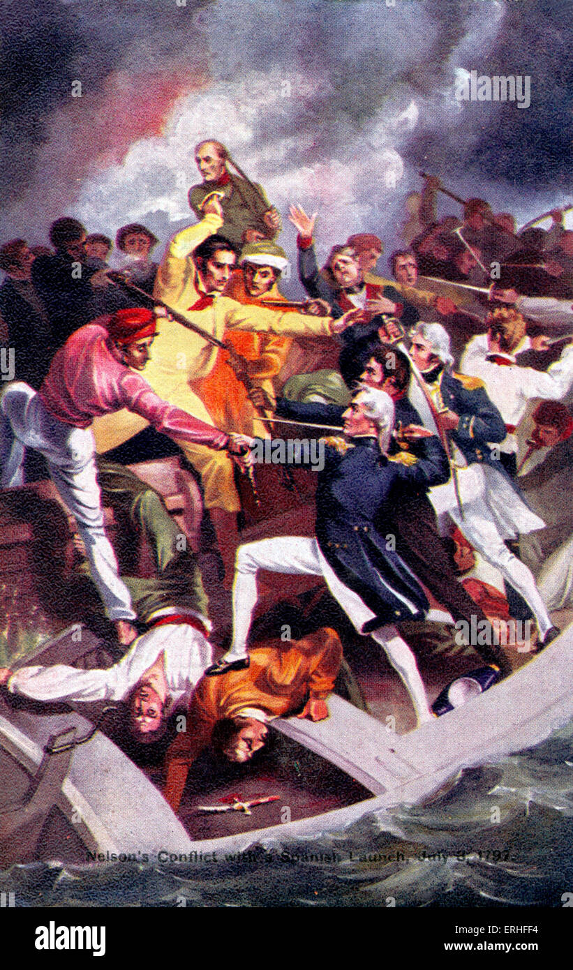 L'ammiraglio Horatio Nelson - Cartolina raffigurante il suo 'conflitto con un lancio spagnolo' - 3 Luglio 1797 - British naval commander presso il Foto Stock