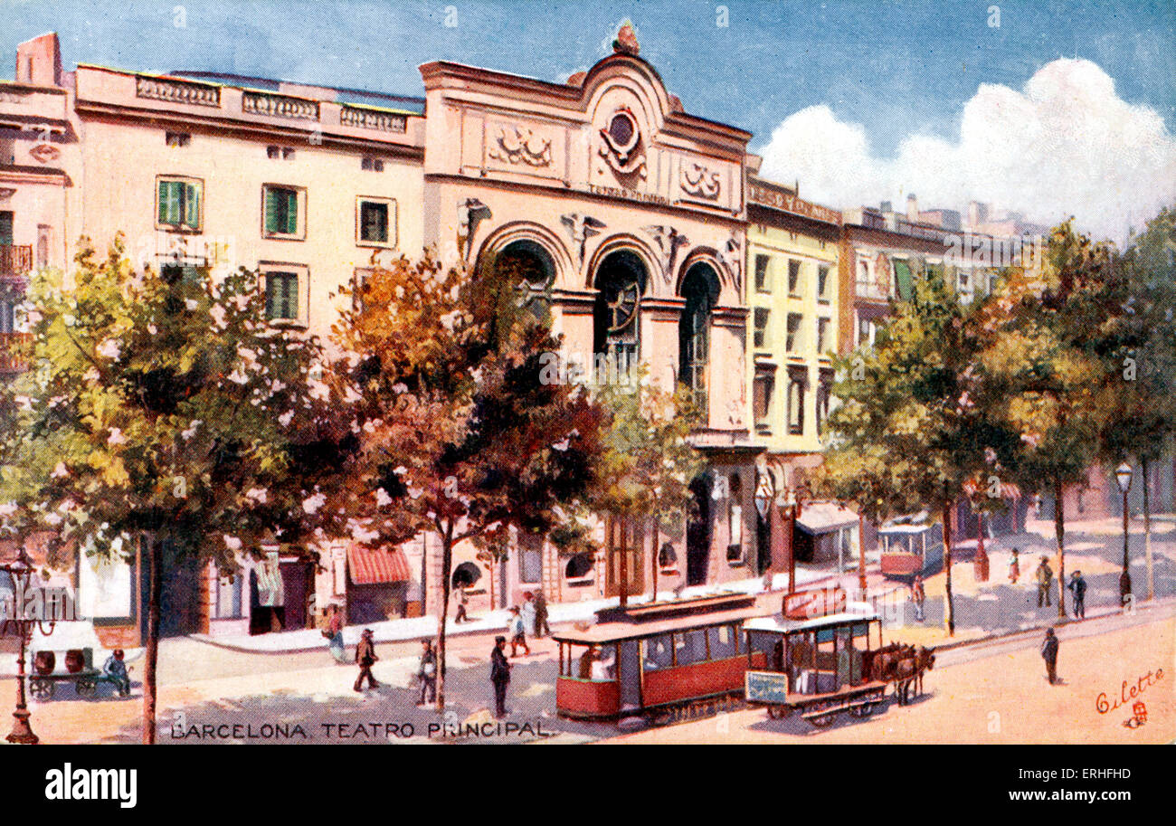 Barcellona - Teatro Principal. Tram, carrozza, persone promenading. Cartolina. Foto Stock