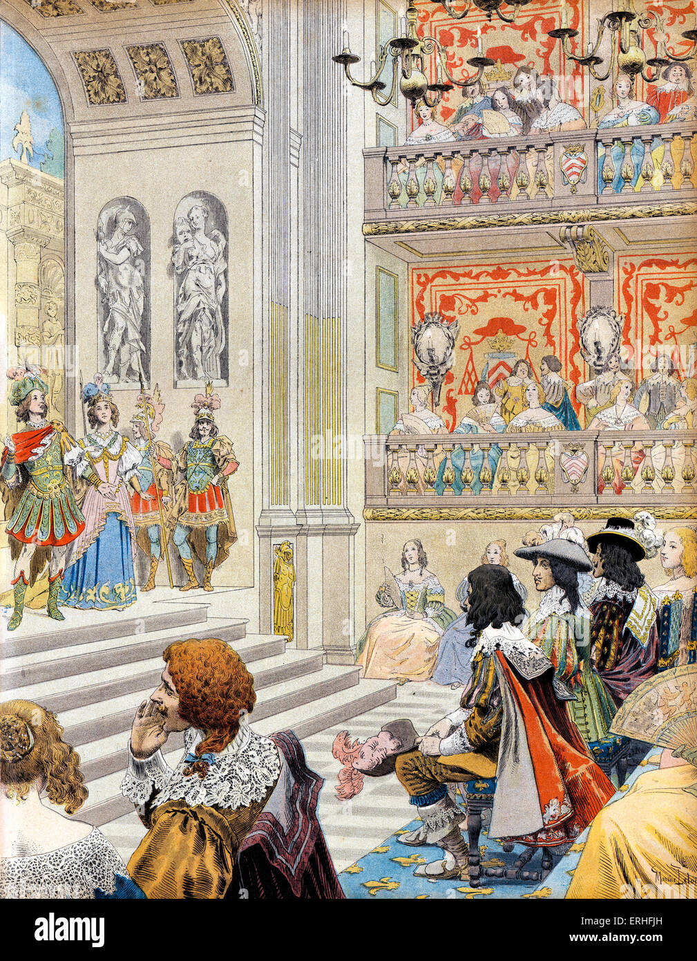 Teatro francese del XVII secolo: un gioco eseguito sul palco di fronte di nobiltà e di royalty. Udienza in moda del Foto Stock