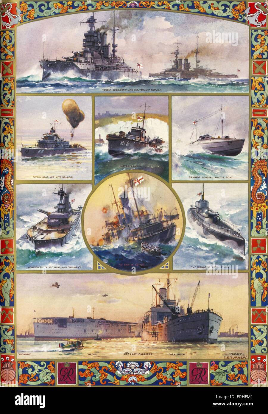 Corazzate in marina britannica all'inizio della Prima Guerra Mondiale - dalla pittura da C.E.Turner. Top immagine: "Queen Elizabeth" e il suo Foto Stock