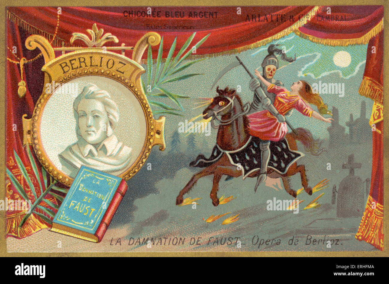 Louis Hector Berlioz 's opera "La Damnation de Faust' - illustrazione di scena con scheletro / Faust in sella ad un cavallo con una donna e il ritratto di Berlioz. Il compositore francese 11 Dicembre 1803 - 8 marzo 1869. Foto Stock