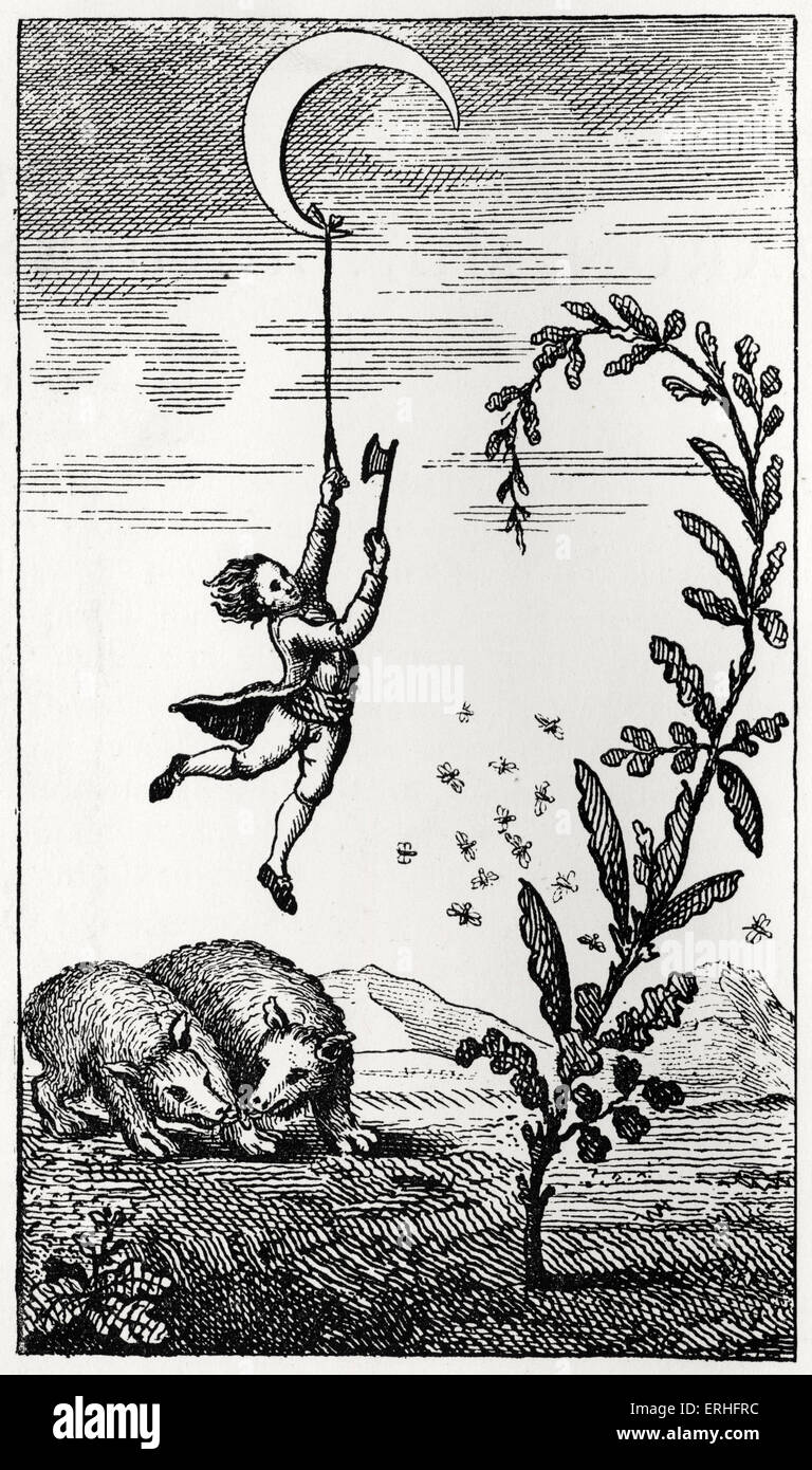 La sorprendente avventure del barone di Munchausen - illustrazione originale con sottotitoli: il barone la discesa dalla luna. Il Barone Foto Stock