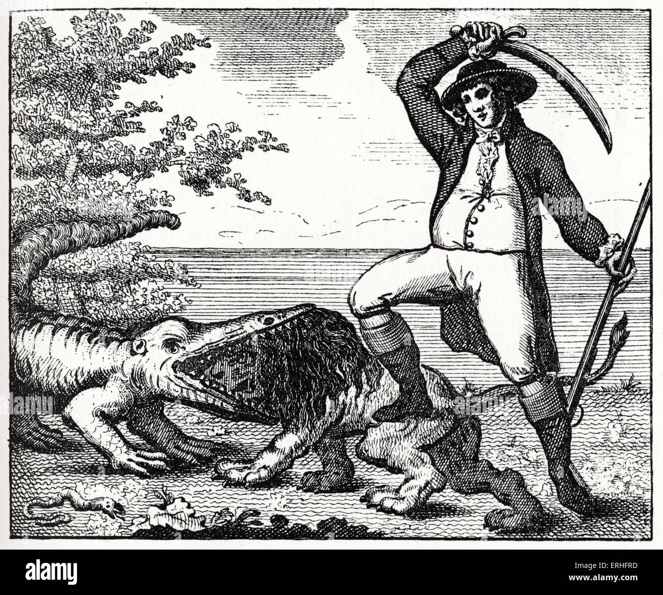 La sorprendente avventure del barone di Munchausen: illustrazione originale con sottotitoli: il barone uccide un leone e un coccodrillo. Il Foto Stock